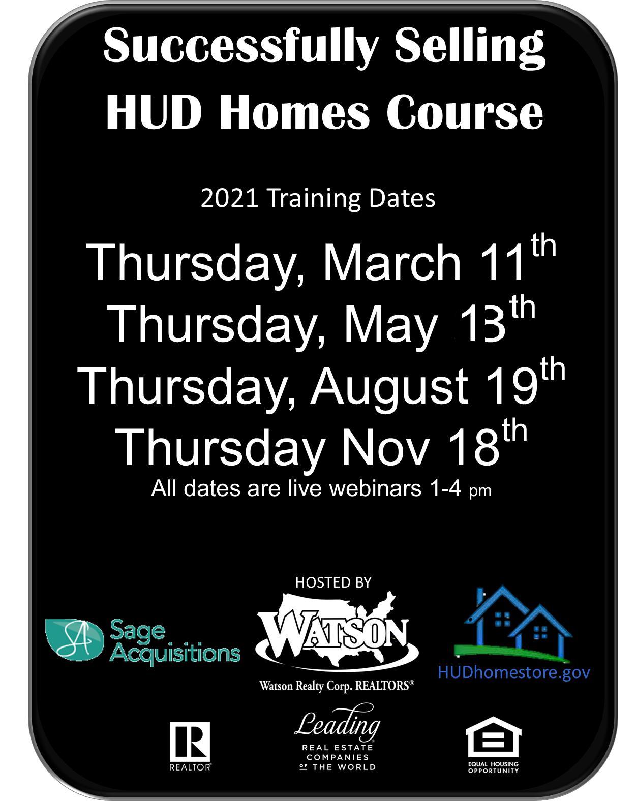 2021 Selling HUD Homes Training Dates Watson Realty